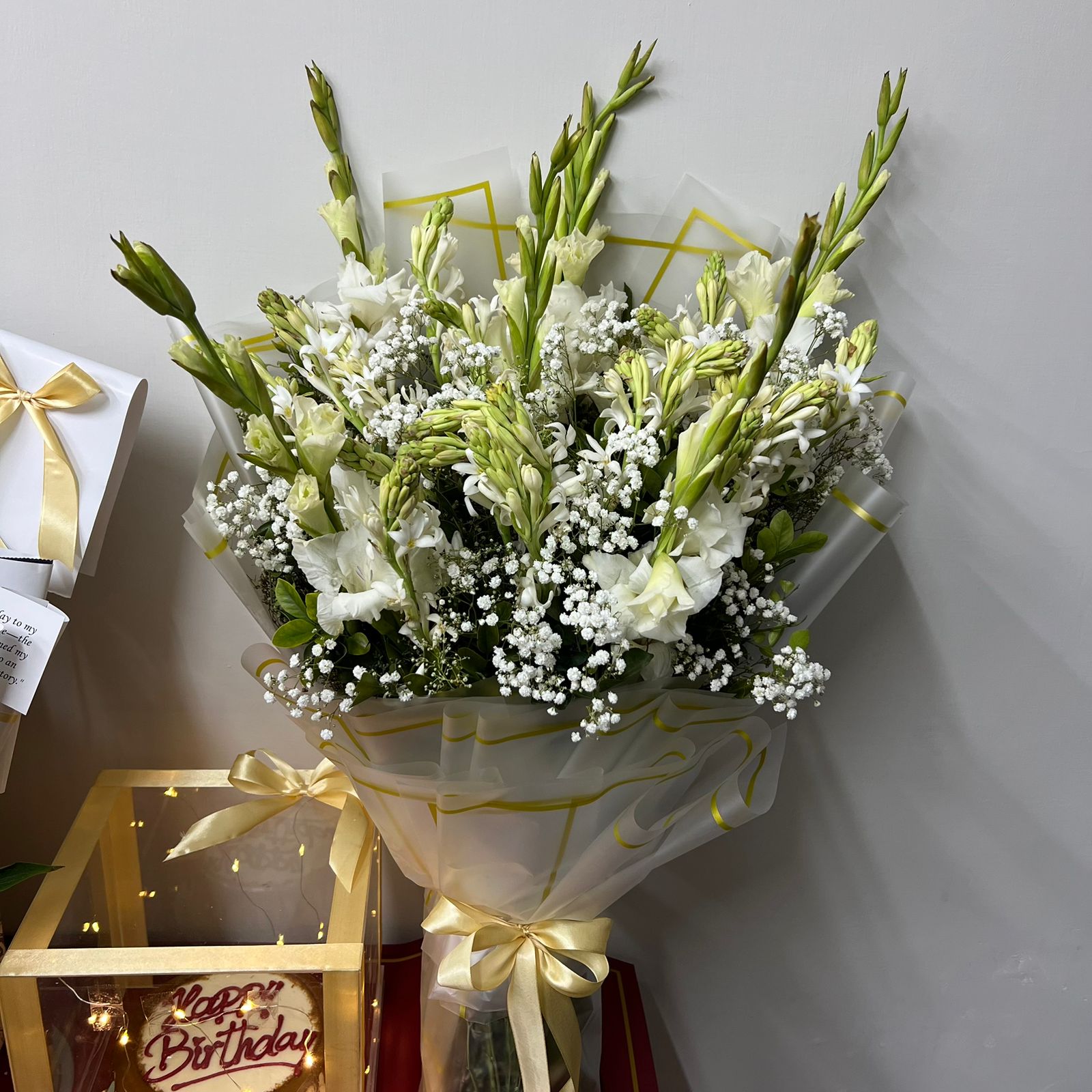 Pure White Gladiolus & Tube rose Bouquet