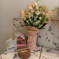 White Gladiolus Bouquet with Cake, Snack Basket & Card